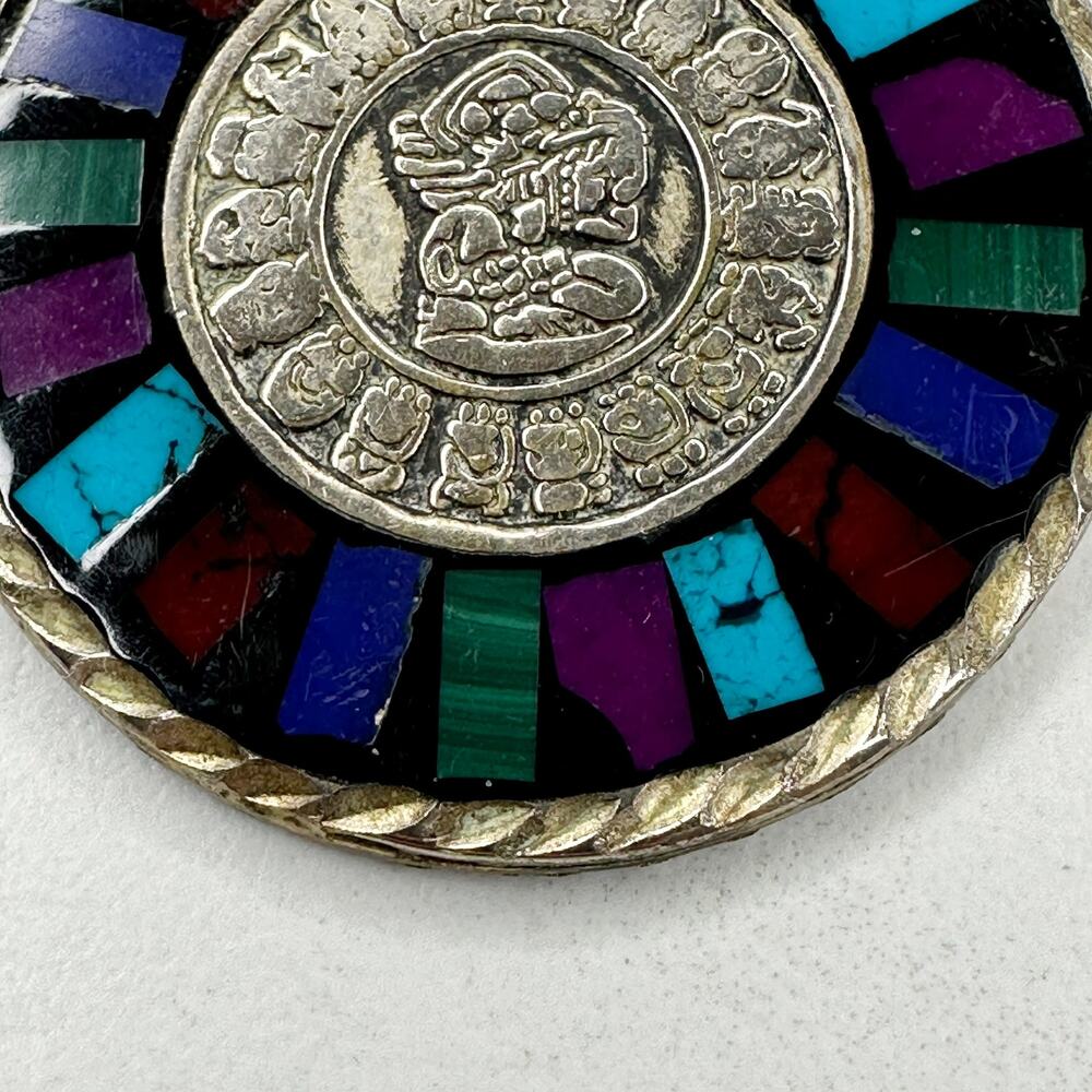 Vintage Mexico Silver Tone Reversible Mayan Calendar Inlay Pendant ✨ - Picture 13 of 13